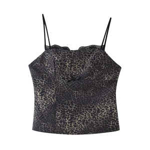 Women's leopard print camisole top with black lace trim and delicate bow detail
