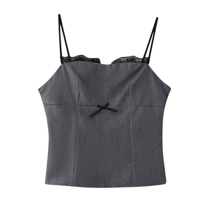 Chic grey satin camisole for women with black lace trim and bow on white background