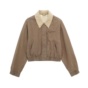 Women's tan bomber jacket with contrast corduroy collar and zip pocket, minimalist style