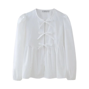Summer white long sleeve babydoll blouse with bow ties and puff sleeves for women