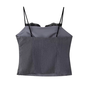 Women's summer gray satin camisole top with black lace trim and thin shoulder straps