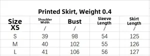 Detailed size chart for printed long dress showing weight, bust, and length measurements