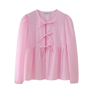 Light pink long sleeve blouse for women with front bow ties and pleated waist design