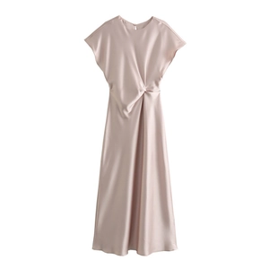 Robe Midi Plissée en Satin Élégante pour Femmes Col Rond Manches Courtes Nœud Torsadé Taille Été Couleur Unie Fête