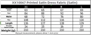 Detailed size chart for the floral satin midi dress showing XS-L measurements