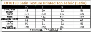 Size chart table for floral satin shirt showing shoulder, bust, and length measurements