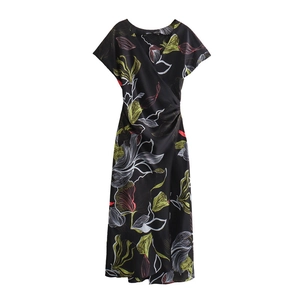 Women Elegant V Neck Long Sleeve Satin Floral Midi Dress Ruched A-Line Wrap Printed Summer Casual Party Dress
