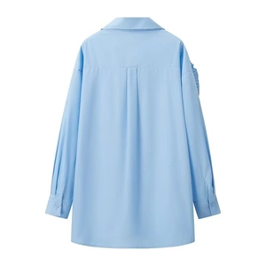 Back view of light blue long-sleeved shirt with ruffles and a classic collar design