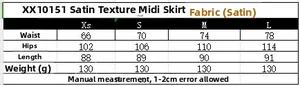 Detailed size guide for XX10151 satin midi skirt showing waist, hip, and length measurements