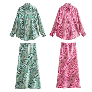Women Casual Satin Print Shirt And Midi Skirt Suit Long Sleeve Button Down Top High Waist A-Line Skirt Vacation Outfit