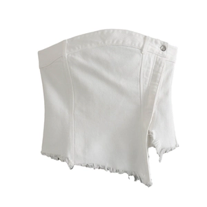 Sexy Top a Tubino in Stile Denim Bianco Donna Chiusura Asimmetrica con Bottoni Orlo Sfilacciato Crop Top Senza Spalline Estate Streetwear