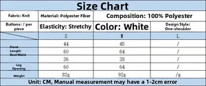 Detailed size chart for the white one-shoulder knitted top with measurements and fabric data