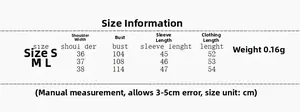 Size chart for summer double-layer neck tie shirt showing S M L dimensions in cm