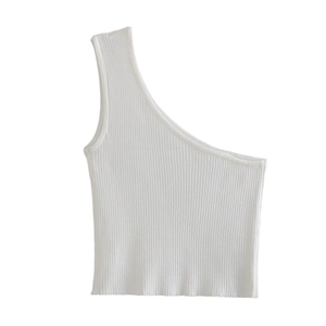 White ribbed knit one-shoulder slim fit tank top for women in a minimalist summer style
