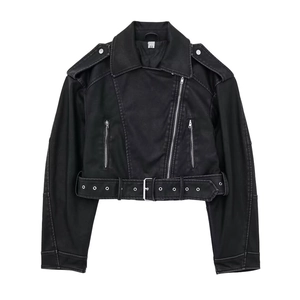 Women's black faux leather motorcycle jacket with asymmetric zipper and belted hemline