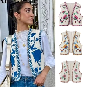 Women's Vintage Ethnic Floral Embroidery Vest Sleeveless Open Front Short Waistcoat Polyester Streetwear Jacket Top
