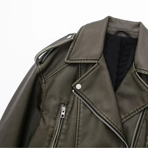 Deep olive green faux leather moto jacket with lapel collar and metal zippers for women