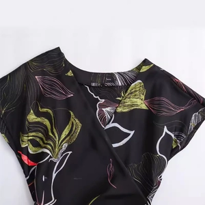 Women's summer satin midi dress with V-neck and abstract floral leaf print patterns