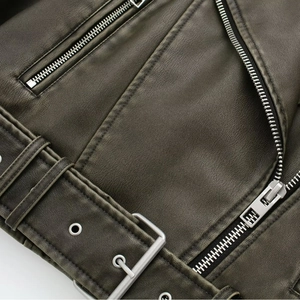 Women's dark olive green PU leather biker jacket with silver metal zipper and belted waist