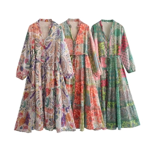 Bohemian Paisley Patchwork Maxi Dress For Women V-Neck Long Sleeve Tiered Cake Dress With Gold Thread Drawstring Waist