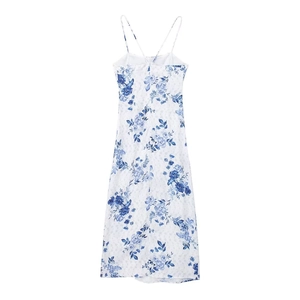 Women's summer dress with blue floral print and cross back thin straps on white base