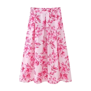 Damen Midirock in Hellrosa mit Blumenmuster und eleganter A-Linie für den Frühling