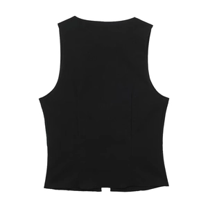 Veste blazer sans manches noire pour femme avec nœud élégant et coutures cintrées au dos