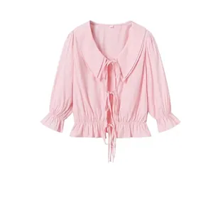Women Sweet Pink Pinstripe Blouse Puff Sleeve Double Layer Collar Tie Front Ruffle Hem Casual Summer Shirt For Ladies