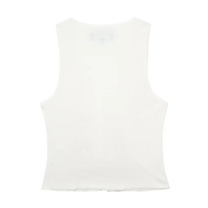 Haut blanc sans manches pour femmes en tissu élastique avec nœud vue de l'arrière du vêtement