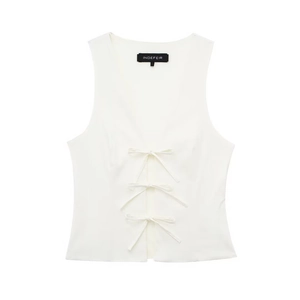 Haut blanc sans manches pour femmes avec nœuds décoratifs et col en V minimaliste