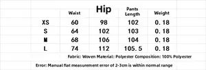 Size chart for tie-dye polyester trousers featuring waist, hip and length measurements