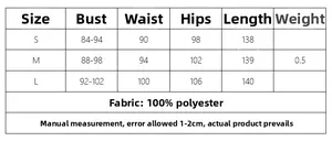 Size chart for slim fit maxi dress with chest, waist, and hip measurements in centimeters