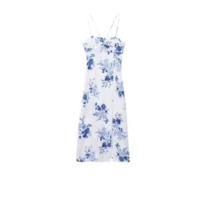 Women Floral Print Spaghetti Strap Maxi Dress Summer Blue White Porcelain Style Hollow Out High Slit A-Line Party Long Dress