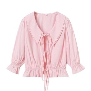 Women's pink striped blouse with bow ties, Peter Pan collar and ruffle cuffs