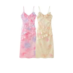 Abito da Donna Estivo a Fiori con Spalline Sottili Volant Scollo a V Jacquard in Pizzo Linea A Abito Midi per Vacanza