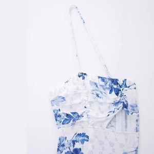 Women's summer floral print camisole dress with blue flowers and pleated neckline details