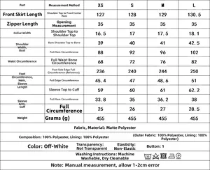Tableau des tailles détaillé pour robe blazer plissée avec mesures de poitrine