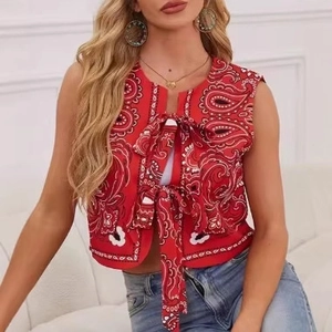Women's Paisley Print Cropped Vest Sleeveless Tie Front Bow Waistcoat Boho Streetwear Fashion Red Polyester Top