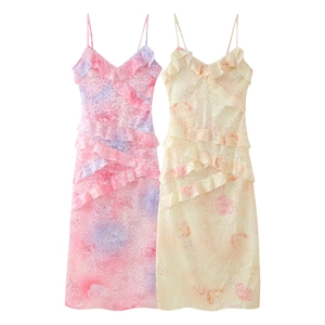 Maxi vestiti a fiori a balze con scollo a V in chiffon sfumato rosa e giallo