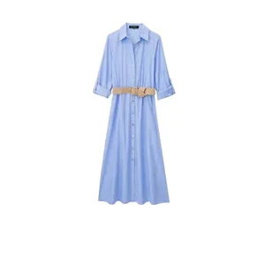 Robe Chemise Décontractée à Rayures Bleues et Blanches Pour Femmes Avec Ceinture Tressée Simple Boutonnage Col Polo Été