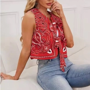 Women's red paisley print cotton vest featuring front bow ties and V-neckline