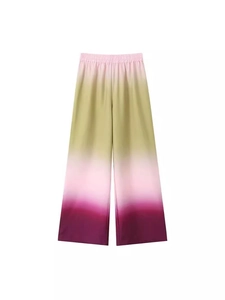 Women's gradient wide-leg trousers with elastic waist and satin-like tie-dye fabric