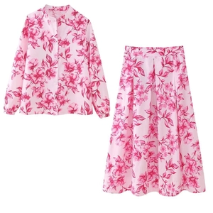 Damen Blumenmuster Langarm Hemd Und Hohe Taille Plissiert Midi Rock Set Elegantes Streetwear Outfit Rosa Blumen Top Und Rock