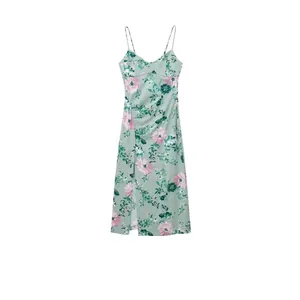 Women Summer Floral Linen Blend Midi Dress V-Neck Adjustable Cami Strap High Slit Beach Holiday Casual Sleeveless Sundress