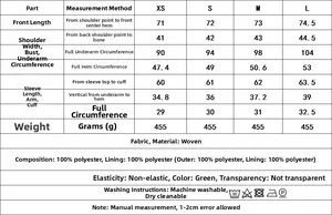 Size chart table for summer belt blazer and high waist shorts set in green woven fabric