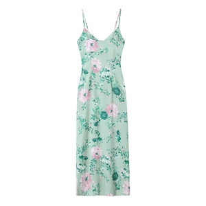 Summer linen blend floral midi dress in light green with pink flowers and thin straps