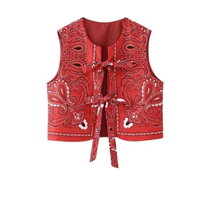 Women's summer paisley print vest featuring front bow ties and casual red pattern