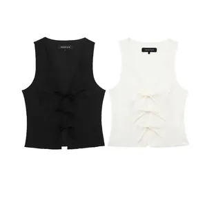 Gilet Femme Sexy Col en V Sans Manches à Nœud Élégant Coupe Ajustée Couleur Unie Polyester Camisole Courte Été
