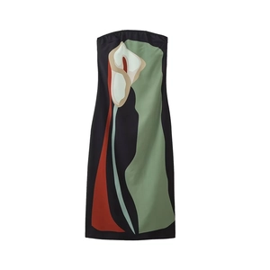Women's black strapless dress with abstract floral print in a modern straight cut