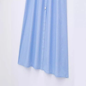 Robe chemisier à rayures bleues et blanches avec motifs verticaux et boutons à l'ourlet